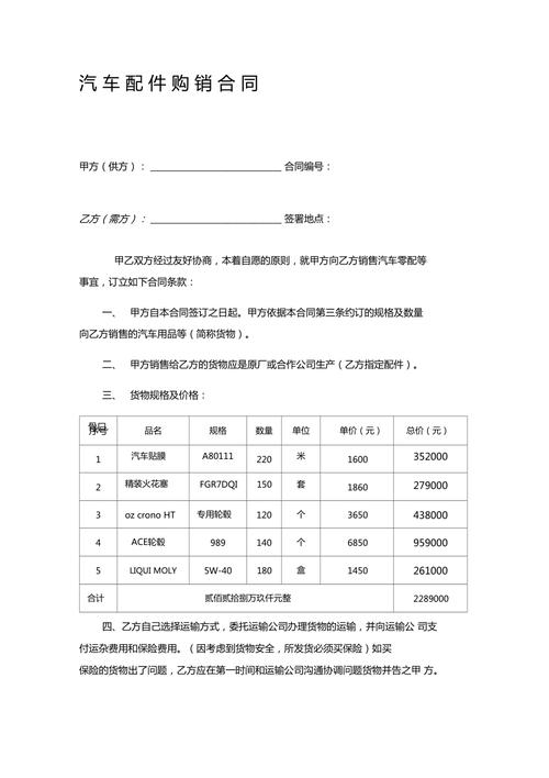 汽车配件采购合同,车辆买卖合同电子版)